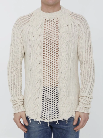 Balmain Destroyed Cable Knit Crewneck Sweater In Beige