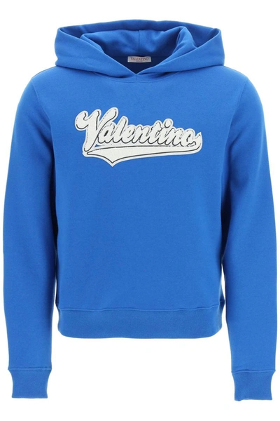 Valentino Cotton Hoodie With Logo Patch In Blue