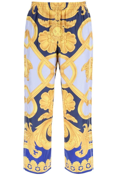 Versace Barocco 660 Silk Pajama Pants In Gold,blue