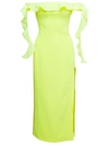 DAVID KOMA YELLOW LONG OFF-SHOULDER DRESS WITH RUCHES DETAIL IN ACETATE WOMAN