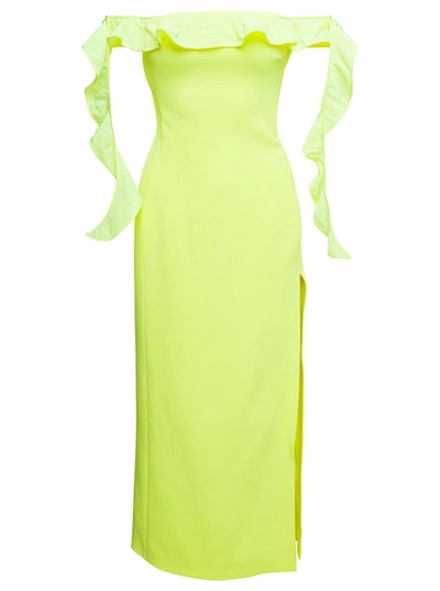 DAVID KOMA YELLOW LONG OFF-SHOULDER DRESS WITH RUCHES DETAIL IN ACETATE WOMAN