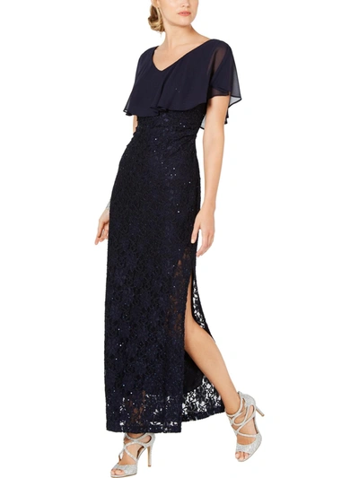 Connected Apparel Womens Lace Sequined Evening Dress In Blue