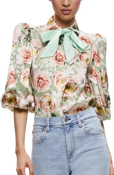 Alice And Olivia Eloise Silk Floral Blouse In Light Green