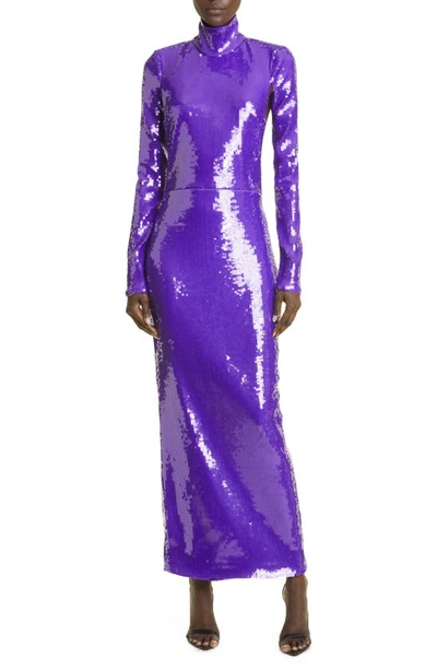 Laquan Smith Sequin Mock Neck Long Sleeve Cutout Column Gown In Grape