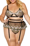 DREAMGIRL DREAMGIRL EMBROIDERED UNDERWIRE BRA, GARTER BELT & THONG SET