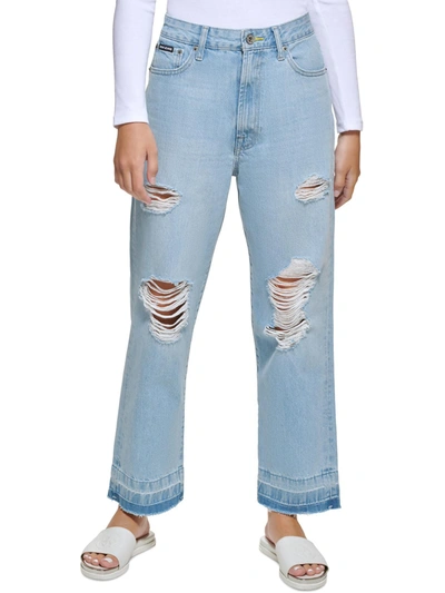 Dkny Jeans Foundations Womens Distressed Frayed Hem Straight Leg Jeans In Multi