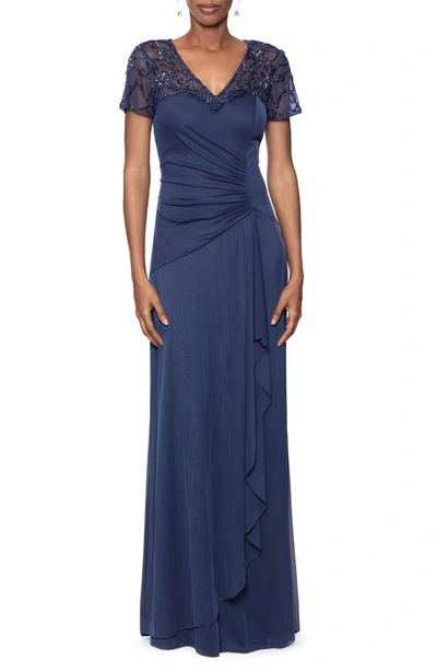 XSCAPE BEADED SHORT SLEEVE RUCHED GOWN
