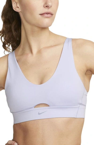 Nike Dri-fit Indy Padded Strappy Cutout Medium Support Sports Bra In Oxygen Purple/ Indigo Haze