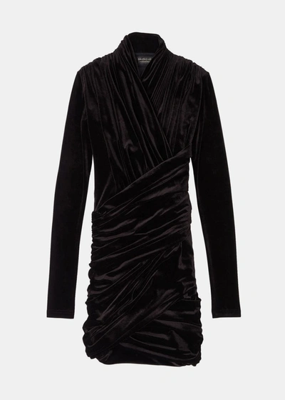 Balenciaga Velvet Draped Mini Dress In Black