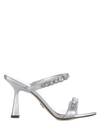 Michael Kors Clara Embellished Metallic Snake Embossed Leather Sandal In Silver