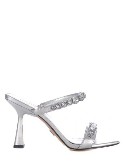 Michael Kors Clara Embellished Metallic Snake Embossed Leather Sandal In Argento