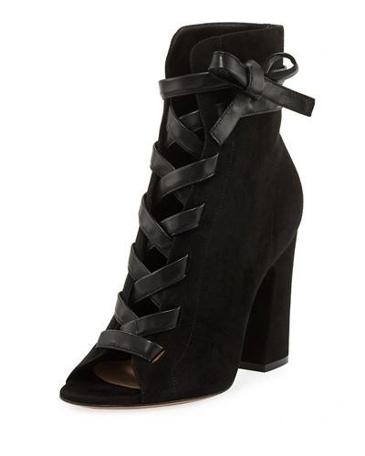 Gianvito Rossi Fraser Suede Open-toe Lace-up Bootie In Black