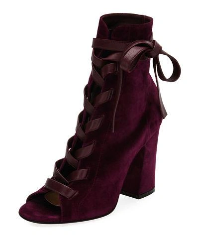 Gianvito Rossi Fraser Suede Open-toe Lace-up Bootie In Burgundy
