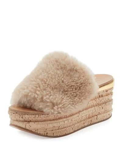 Chloé Camille Shearling Leather Wedge Sandals In Pink Sand
