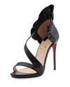 CHRISTIAN LOUBOUTIN COL ANKLE RUFFLE RED SOLE SANDAL, BLACK,PROD197110016