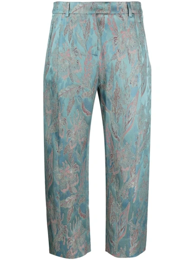 Alberto Biani Floral-jacquard Cropped Trousers In Blue