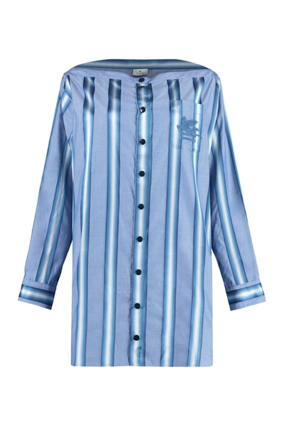 Etro Off-the-shoulder Embroidered Striped Cotton And Silk-blend Mini Shirt Dress In Blue