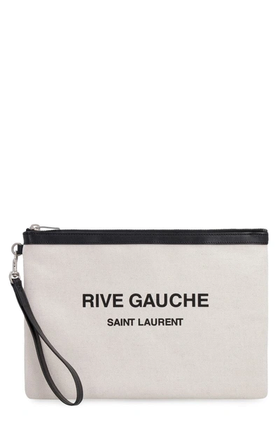Saint Laurent Logo Print Flat Pouch In Ecru
