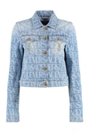 Versace Short Light Blue Jacket With All-over Logo And Branded Buttons In Cotton Denim Woman In Denim