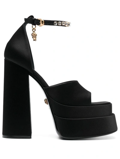 Versace Satin Sandals Shoes In Black