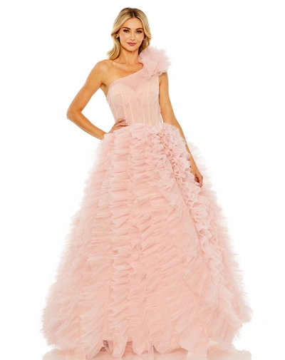 Mac Duggal One Shoulder Glitter Tulle Gown In Light Pink