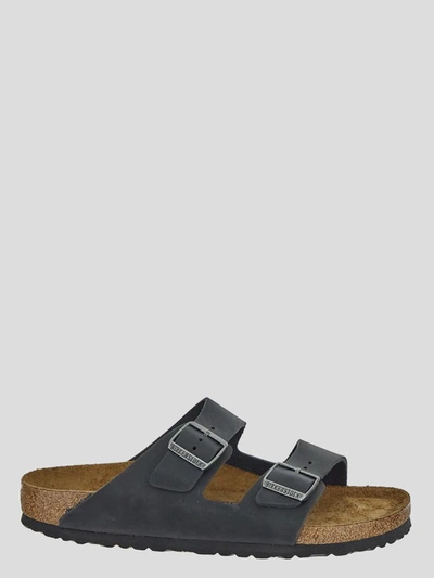 Birkenstock Sandals In <p> Slides In Black Dull Leather With Antique Silver-finish Metal Buckles