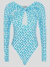 Coperni Twisted Cut Out Jersey Thong Bodysuit Azur/white Xs In <p> Bodysuit In Light Blue And White Polyamide With Monogram Print And Plunging Cut-out Desig