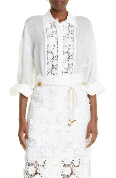 Zimmermann Raie Lace Flower Button-up Shirt In Ivory