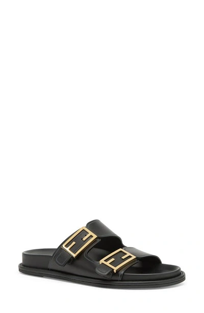 Fendi F Buckle Leather Slide Sandals In Black