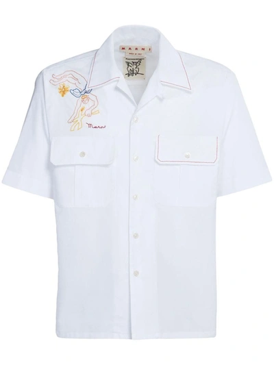 Marni Embroidered-logo Short-sleeve Shirt In <p>embroidered-logo Short-sleeve Shirt From  Featuring Cloud White, Cotton, Embroidered Logo At