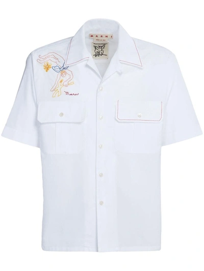 Marni Embroidered-logo Short-sleeve Shirt In White