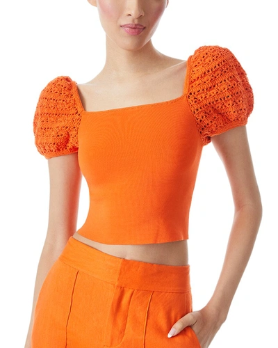 Alice And Olivia Caley Crochet-paneled Stretch-jersey Top In Sienna