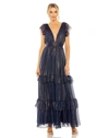 Mac Duggal Ruched Top Flutter Sleeve Deep V Gown In Midnight