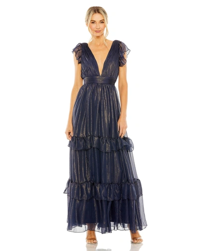 Mac Duggal Ruched Top Flutter Sleeve Deep V Gown In Midnight