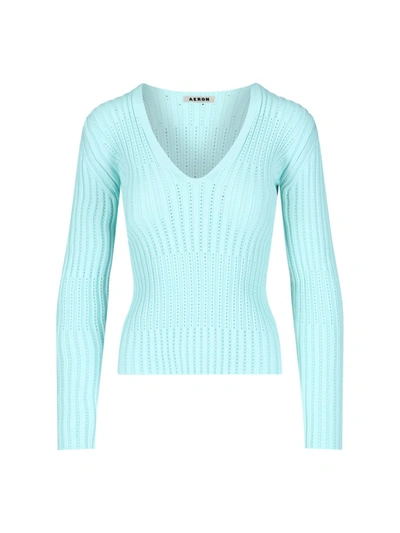 Aeron Ribbed V-neck Long-sleeve Top In Azzurro