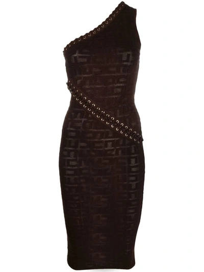 Elisabetta Franchi Monogram-jacquard One-shoulder Dress In Brown
