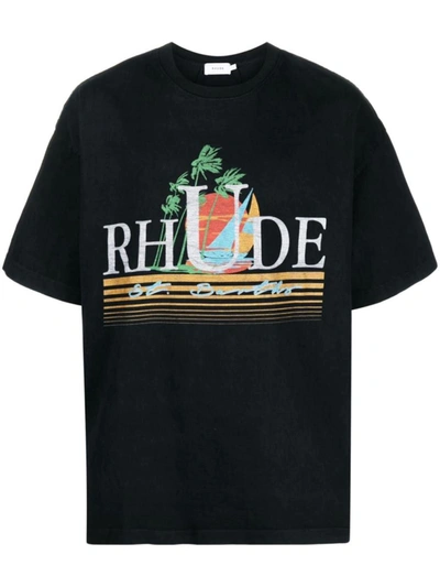 Rhude Tropics Printed Cotton T-shirt In Black