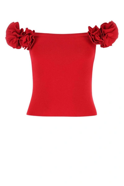 Magda Butrym Knit Off-the-shoulder Top W/ 3d Flowers In Red
