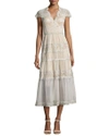 CATHERINE DEANE CAP-SLEEVE TIERED LACE MIDI DRESS, SILVER