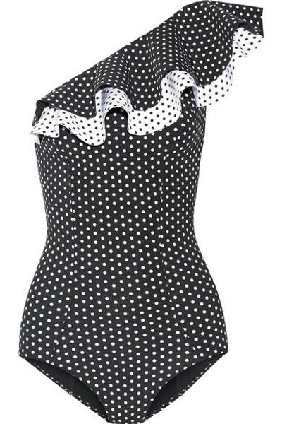 Lisa Marie Fernandez Arden Double Ruffle One-shoulder Polka-dot Bonded Swimsuit In Black