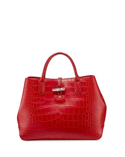 Longchamp Roseau Croco Medium Tote Bag, Red