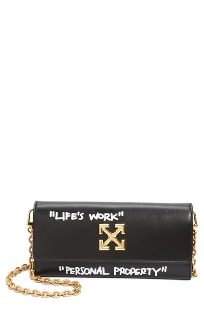 Off-white Jitney Quote Leather Wallet On A Chain In Nero