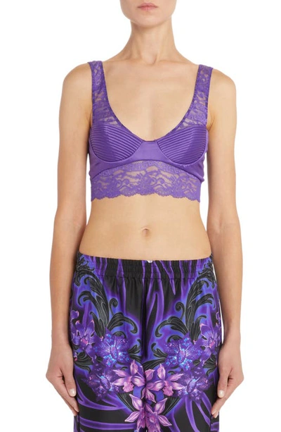 Versace Ribbed Satin Lace-trim Bralette In Purple