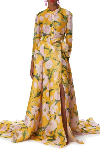 Carolina Herrera Floral Print Button-front Trench Gown With Tie Belt In Multi