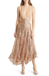 BEBE SIDE CUTOUT MESH & SEQUIN GOWN