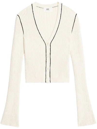 Ami Alexandre Mattiussi Ribbed-knit Cardigan In 168 Natural White