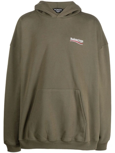 Balenciaga Logo Embroidered Hoodie In Khaki/white/red