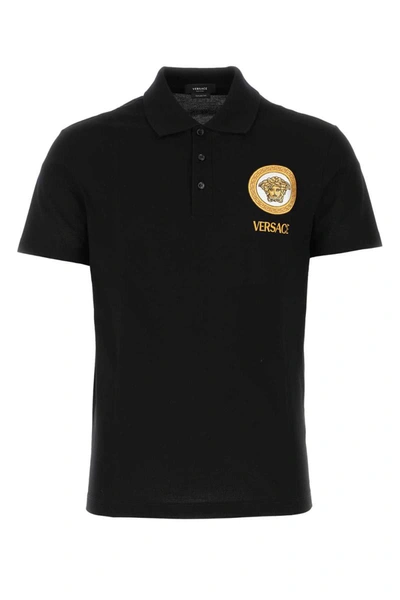 Versace Cotton Polo Shirt With Medusa Patch In Black
