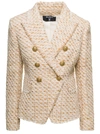 Balmain Beige Double-breasted Jacket With Gold-colored Branded Buttons In Tweed Woman In Beige