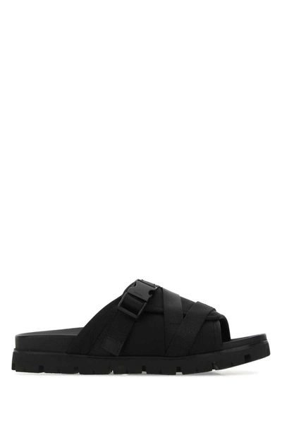 Prada Tape Buckled Slide Sandals In Black